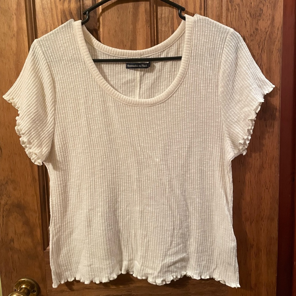 Abercrombie & Fitch Cream Ribbed Shirt with Lettuce Trim